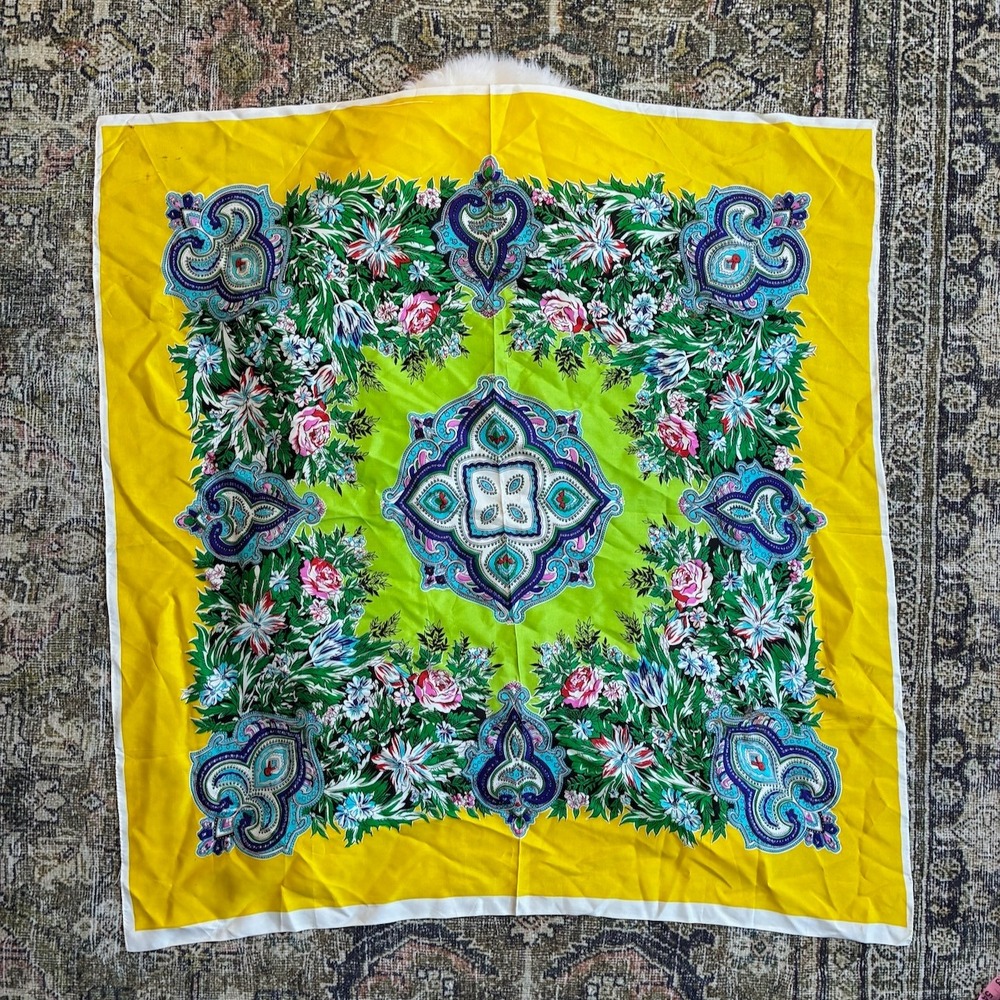 Vintage Floral Paisley Square Scarf Yellow Green Blue Pink Rose Lily Boho